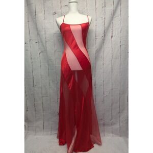 Frederick's of Hollywood Womens Slip Dress Sz M Red Diagonal‎ Sheer Maxi Vtg Y2K